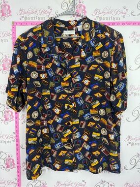 Shirt vintage Navy Short-Sleeve Button-Down Shirt with Travel Patch Print